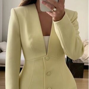 Solid Long Sleeve V Neck Button Fit Blazer